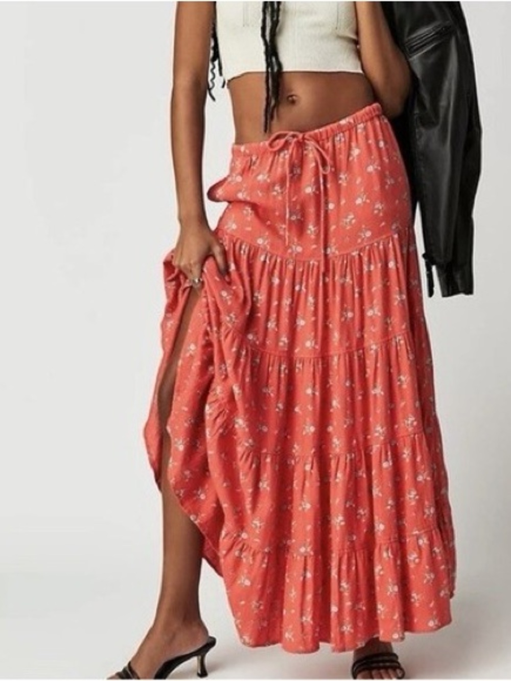 Free People Nova Tiered Maxi Skirt Guava Combo Floral Linen Blend XS
